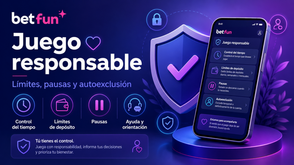 Juego responsable en Betfun con límites de depósito, pausas, autoexclusión y asistencia